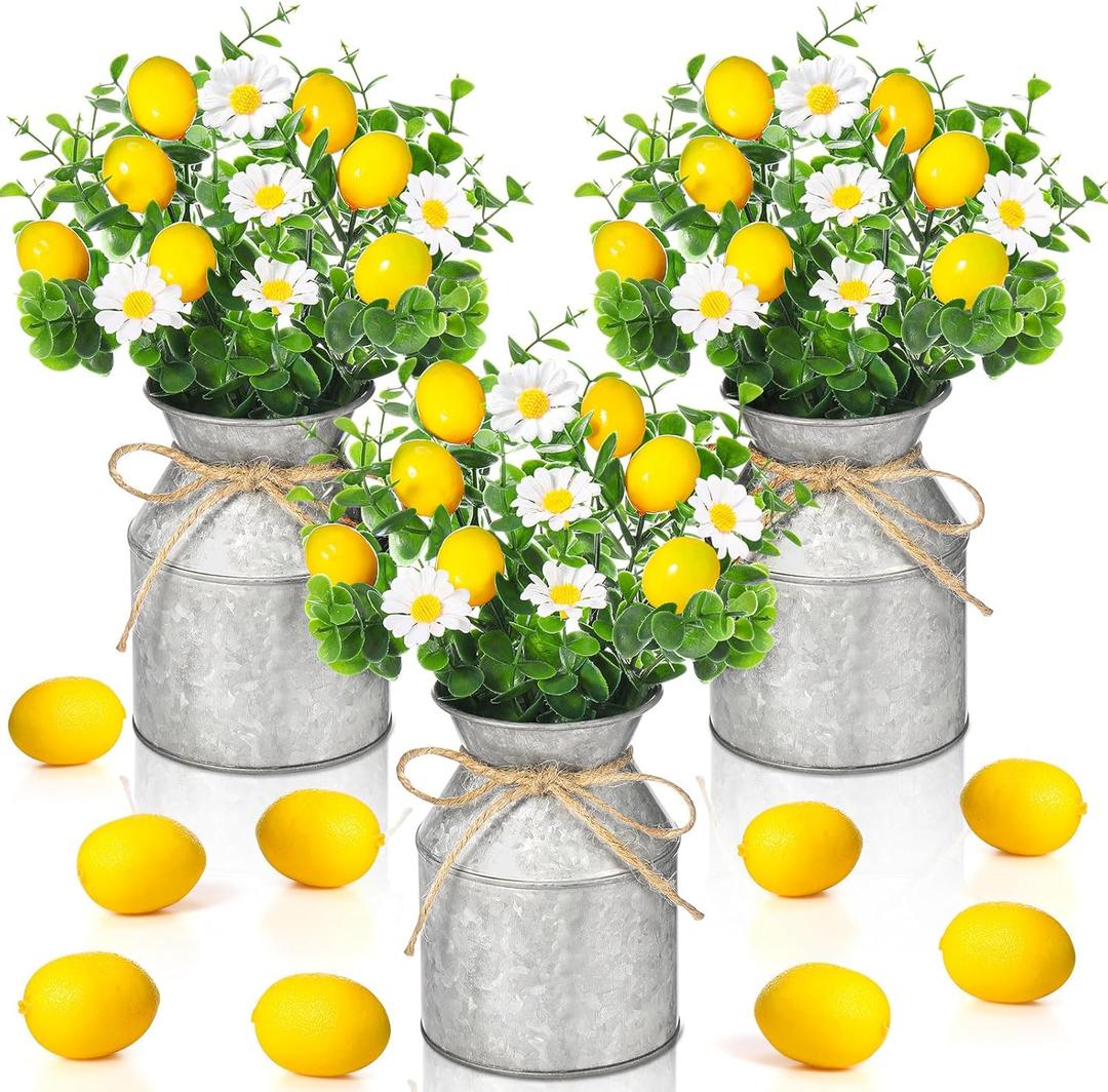 Mimorou 3 Sets Artificial Potted Lemon Decor Fake Fruit Lemon Flowers Table Centerpiece Faux Summer Kitchen Vases Tiered Tray Decor Farmhouse Plant for Indoor Outdoor Home Bathroom Dining