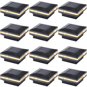 Dynaming 12 Pack Solar Post Lights, Outdoor Solar Powered Decorative Post Cap Light, Black Shell & Warm White LED Lighting for Fence Deck Patio, Only Fit 3.5"x3.5" Wooden Posts