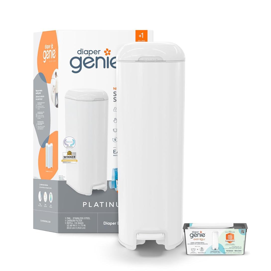 Diaper Genie Platinum PailHands-free odour-locking diaper pail (white) includes Easy Roll tear-off bags holding up to 846 newborn diapers.