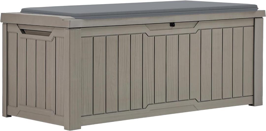 YITAHOME 120 Gallon Resin Deck Box, Weather Resistant Outdoor Storage Box for Patio Pillow, Garden Tools, Pool Supplies, Lockable, Easy Assembly, Extra Seat or Table with Cushion (Light Brown) (Taupe)