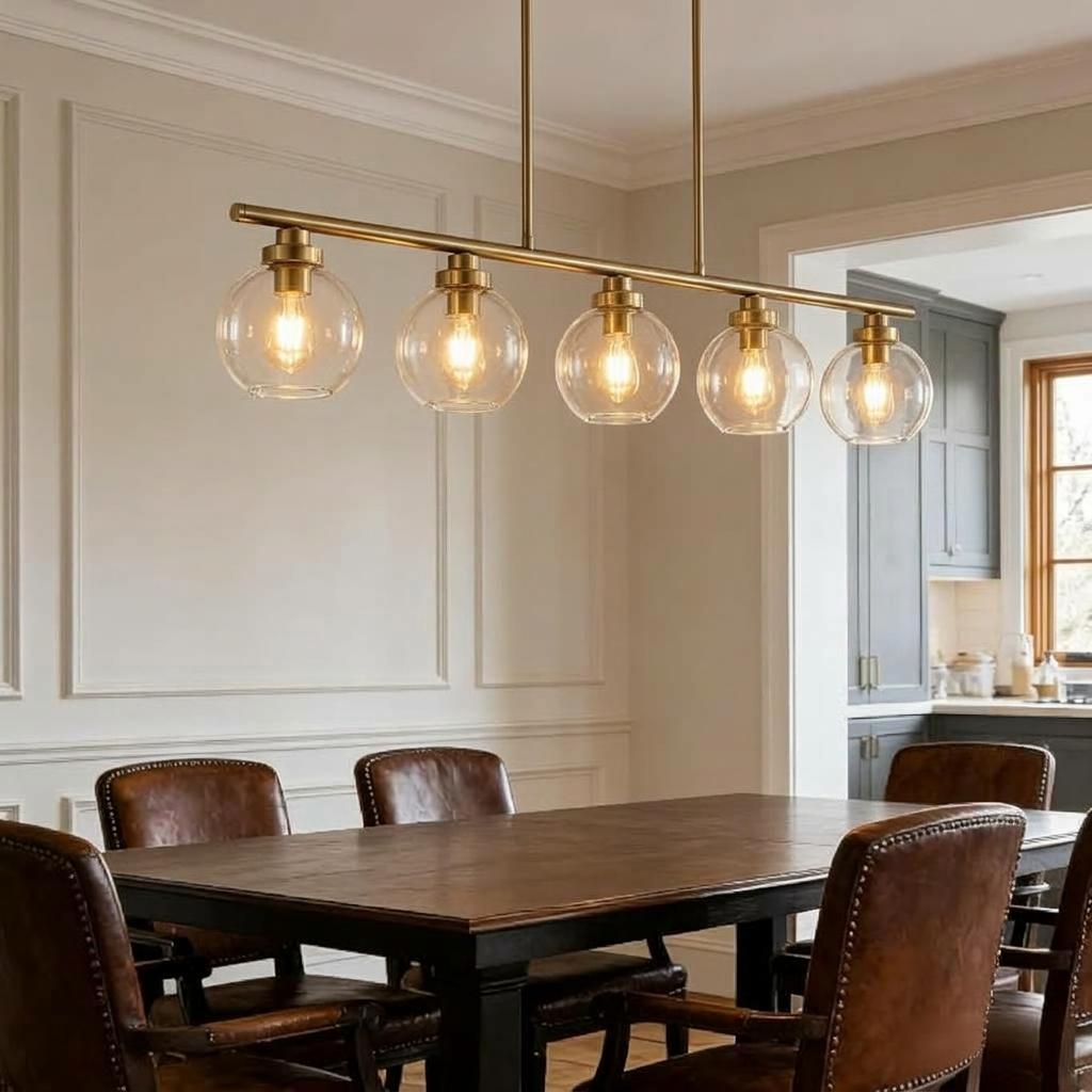 Black Globe Glass Chandeliers - 5 Lights Large Clear Glass Chandelier for Dinning Room, Adjustable Height Pendant Light for Kitchen, Linear Island Light, Hanging Ceiling Light for Living Room