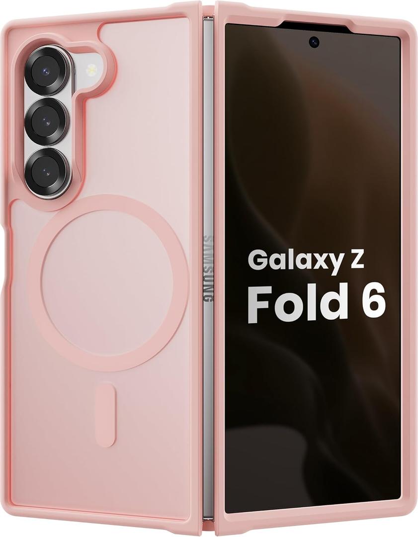 Magnetic Case for Samsung Galaxy Z fold 6 Case, Slim Translucent Matte Phone Cover with Shockproof TPU Frame & Scratch-Resistant PC Back, Strong Magnetic Ring, Chalk Pink