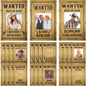 Gueevin 36 Pcs Western Wanted Photo Cutout Signs Cowboy Cowgirl Wanted Picture Cut Outs for Birthday Halloween Western Themed Party Supplies 4 x 6 Inch