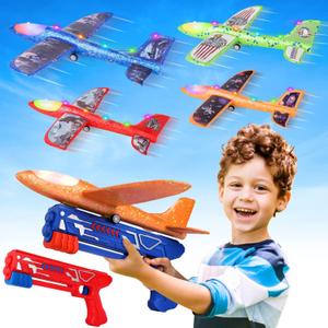 Fuwidvia 4 Pack Airplane Launcher Toys, 2 Flight Modes LED Foam Plane Toy for Boys, Outdoor Flying Toys Birthday Gifts for Boys Girl 4-12 Year Old (Red&green&orange&blue)