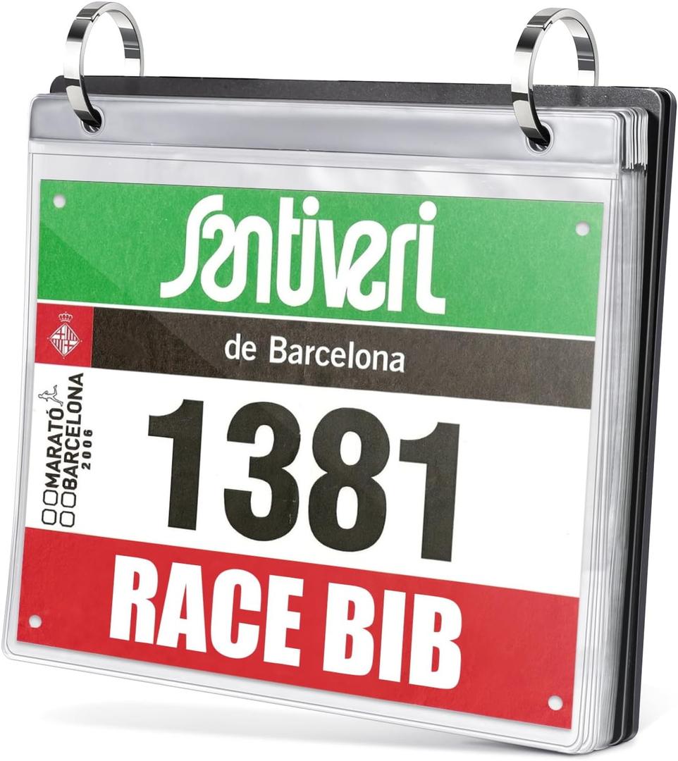 Race Bib Holder, 20 Sleeves, Runner's Race Bib Album, Bib Number Display Holder, Vinyl Sheet Protectors, Black