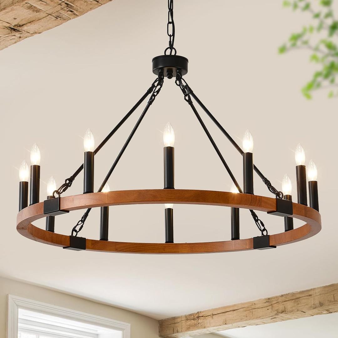 HHR 12-Light Wood Wagon Wheel Chandelier, 32-Inch Round Farmhouse Chandeliers for Living Room, Vintage Light Fixtures Rustic Chandelier for Dining Room Entryway Foyer Bedroom, E12