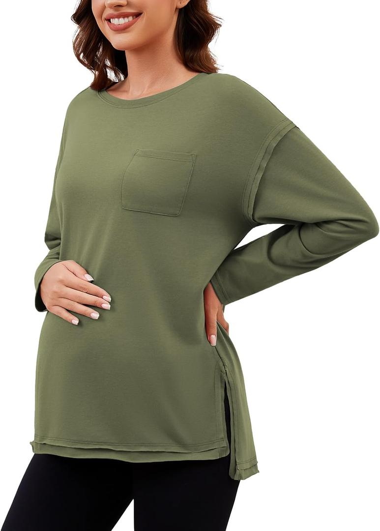 Ecavus Women's Oversized Maternity Shirts Long Sleeve Side Slit Pregnancy Tee with Pocket Fall Winter Mama Clothes (Small, Army Green)