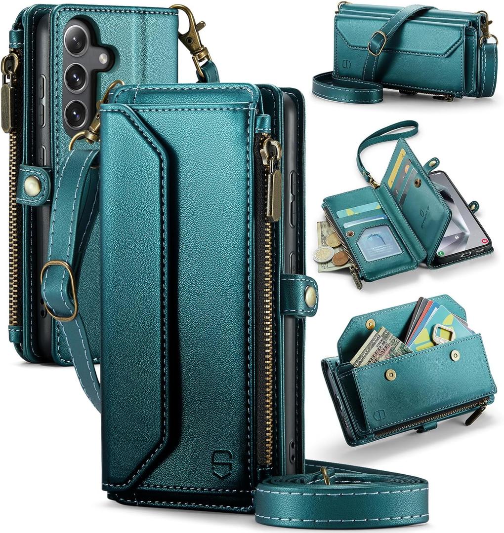 Strapurs Wallet Case Compatible with Samsung Galaxy S24 5G RFID Blocking Card Holder Soft PU Leather Magnetic Snap Shoulder Strap Zipper Pocket Phone Case Fit for Galaxy S24 6.2" - Blue Green