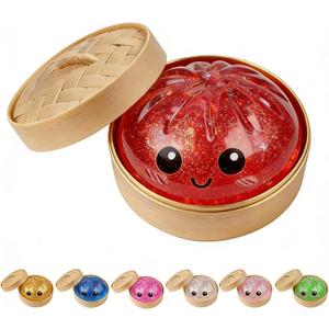 Dumpling Squishies, Glitter Dumpling Mystery Box, Colorful Dumplings Stress Balls Toy, Stocking Stuffers with Food Steamer Stretchy Desk Toys (Glitter Red)
