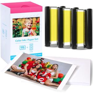 Compatible with Canon Selphy CP1500 CP1300 Ink and Paper, 4x6 Inch KP-108IN KP108 for Selphy CP1500 CP1300 CP1200 CP1000 CP910 CP900 CP810, 100mm x148 mm (3 Ink +108 Sheets Photo Paper)