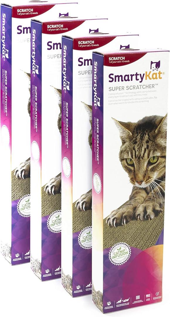 SmartyKat Super Scratcher Wide Corrugated Cat Scratcher for Cats & Kittens, Features Catnip Infusion Technology & Less Mess, Recycled Material, Brown (4-Pack)