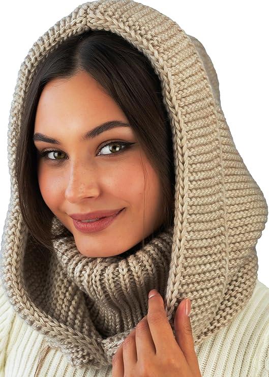 Knit Hooded Scarf for Women - Wool Balaclava Hood Detachable with Neck Gaiter - Hat Scarf Combo