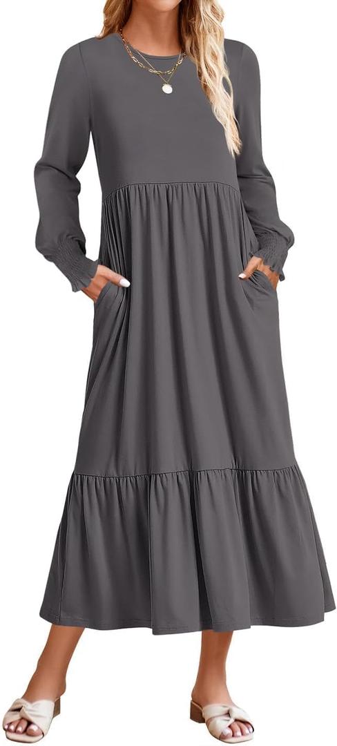 ZESICA Women's Spring Long Sleeve Dress 2025 Crewneck Casual Loose Pleated Tiered Swing Midi Dresses with Pockets (X-Large, Darkgrey)