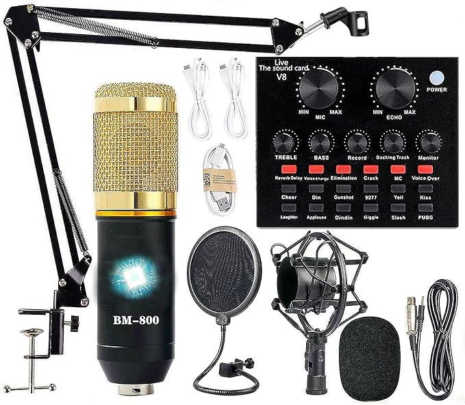 Podcast Equipment Bundle, BM800 Recording Studio Package with Voice Changer, Live Sound Card  Audio Interface for Laptop Computer Vlog Living Broadcast Live Streaming YouTube TikTok (AM100V8)