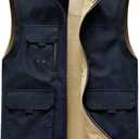 Men's 100% Cotton Washed Reversible Vest 9 Concealed Pockets Travel Casual Gilet Safari Outwear (X-Large, Navy/Beige)