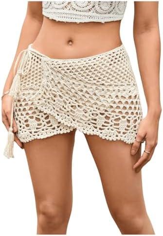 SHENHE Women's Hollow Out Sheer Crochet Wrap Skirt Scalloped Sexy Boho Mini Skirt