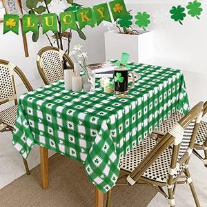 LUSHVIDA St.Patrick's Day Rectangle Table Cloth, 60 x 102 Inch - Shamrock Plaid Patterned Irish Clover Washable Microfiber Tablecloth Decorative Table Covers for Picnic Party, 100% Polyester, 150 GSM