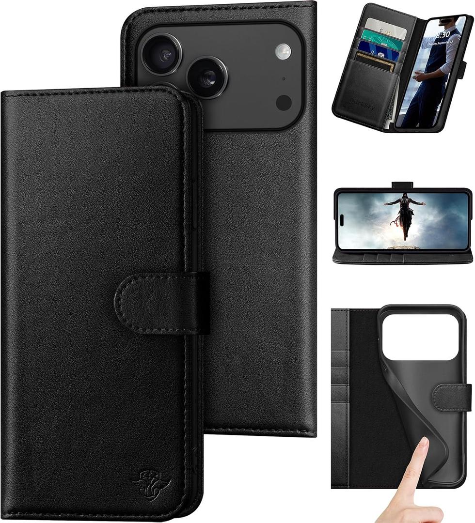 DuckSky Compatible with iPhone 17 Pro 6.3" Genuine Leather Wallet caseRFID Blocking4 Credit Card HolderReal Leather Flip Phone case Cover Women Men for Apple 17 Pro case Black