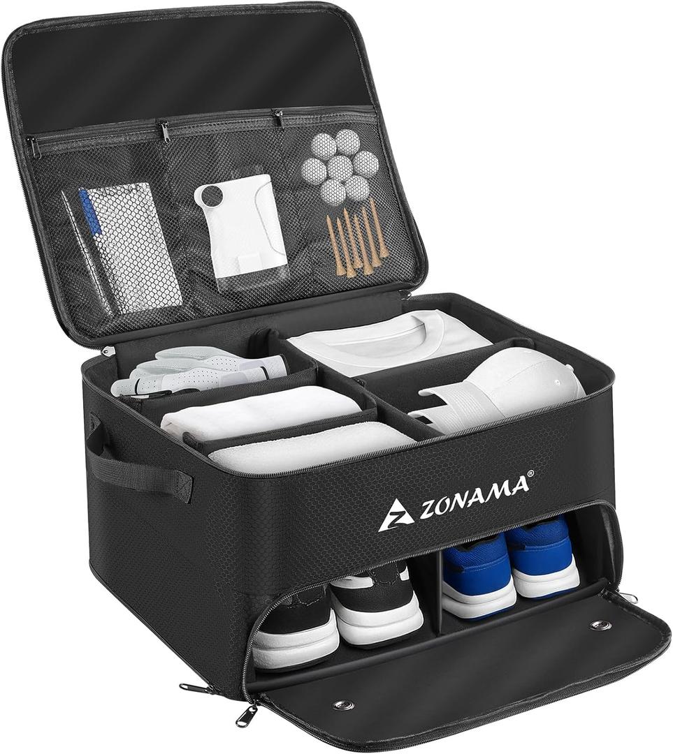 Golf Trunk Organizer, 3 Layers Large Space Car Trunk Locker, with Separate Compartment, Waterproof Golf Accessories Bag for 2 Pairs of Golf Shoes, Balls, Clothes, Golf Gift for Men Women (Black)