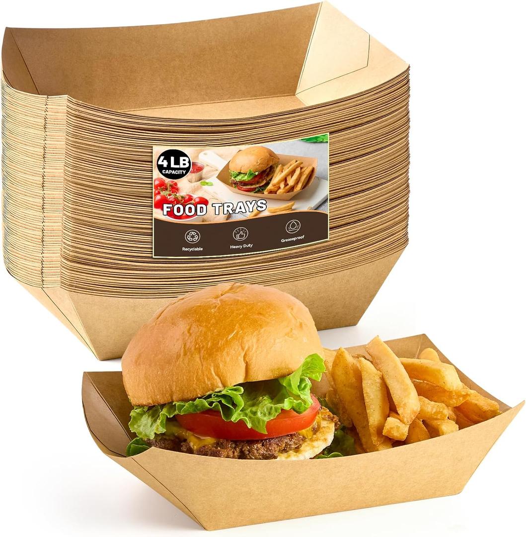 ZORRITA 4 LB Large Paper Food Trays, 50 Pack Disposable Nacho Trays Kraft Paper Food Boats Party Serving Baskets for Nachos Sandwiches Burgers Popcorns Salads Snacks