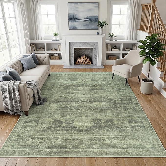 Washable Rugs 8x10 Area Rugs for Living Room,Rug for Bedroom, Vintage Distressed Non-Slip, Ultra Soft Faux Wool Carpet for Dining Room, Green for Home Office Décor