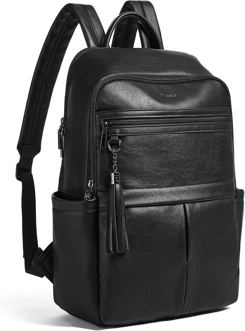 Leather Laptop Backpack for Women, 15.6" Causal Daypack Backpacks Purse Computer Backpack with Laptop Compartment for Travel Work College Business, Black