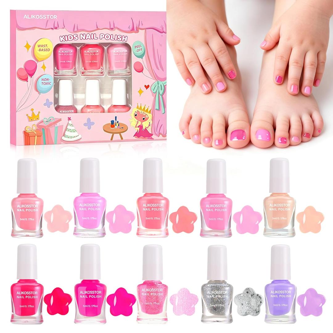 Kids Nail Polish Set, 10 Colors Non Toxic Water Based Peel Off Nail Polish, Quick Dry Toddler Nail Polish Kit, Safe Kids Manicure Set Birthday Gift for Girls