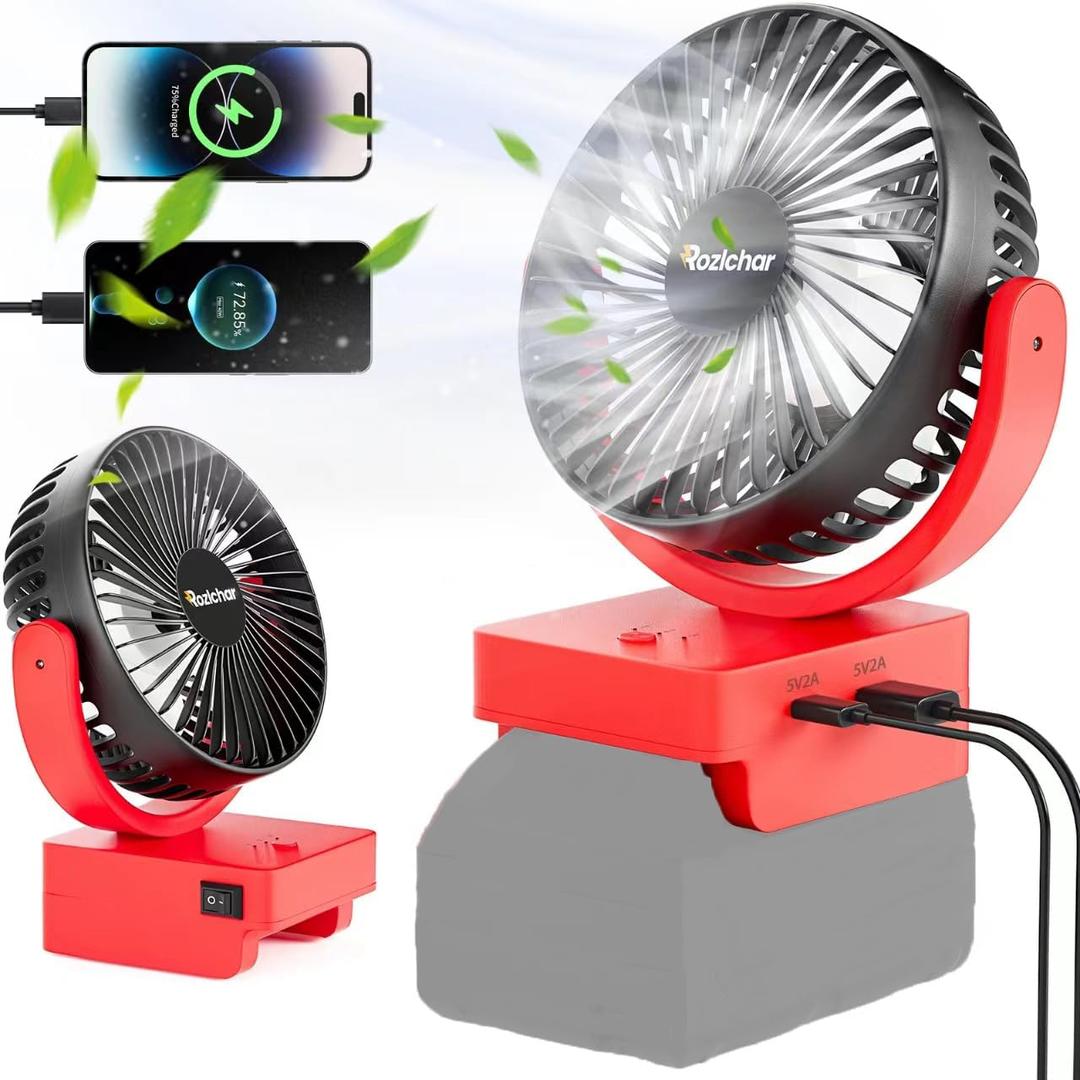 Rozlchar Cordless Fan Compatible For Milwaukee 18V Battery, Work for 48-11-1820, 48-11-1850, Jobsite Fan With USB A/C Fast Charging For Camping Workshop and Construction Site(No Battery) (Red)