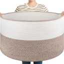 OIASKET Large Blanket Basket with Handles, 22.8" x 22.8" x 13" Woven Storage Basket for Living Room, Cotton Rope Baby Toy Storage for Clothes, Pillows, Towels-Brown & White