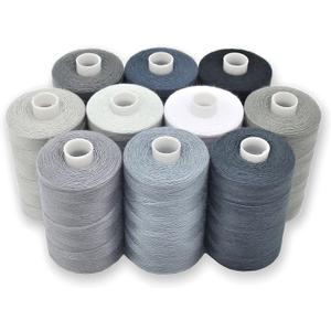 BlesSew Gray Sewing Threads - 10 Large Spools of Polyester Thread for Hand, Quilting & Sewing Machine - Grey Shades Plus Black & White - 1000 Yards Per Spool (Balance)