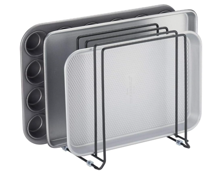 mDesign Pot Lid and Pan Rack — Metal Wire Rack for Cabinets, Pantries or Kitchen Surfaces — Freestanding Pan Stand with 5 Slots for Pans, Pots, Lids and Crockery — Black