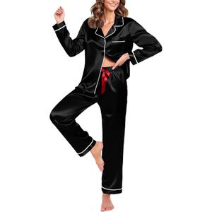 Womens Silk Satin Pajama Sets Long Sleeve,2 Piece Sleepwear with Button Down Top and Pants, Soft Loungewear (Medium, Black)