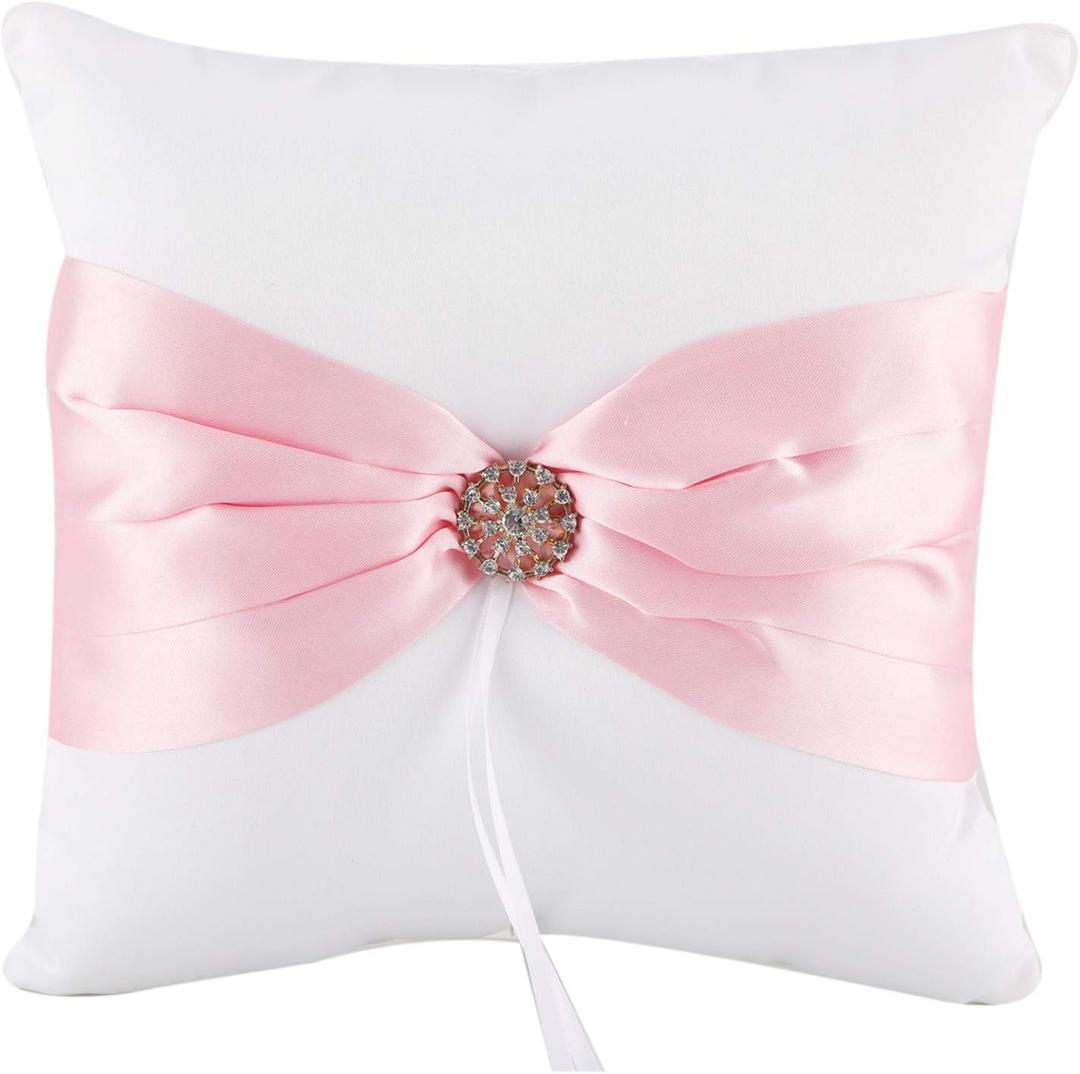 he andi 7.8" Satin Artificial Diamond Decoration Wedding Ring Bearer Pillow (Pink)