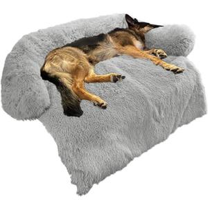 Calming Dog Bed Fluffy Plush Dog Mat for Furniture Protector with Removable Washable Cover for Large Medium Small Dogs and Cats (Large, Grey) (45.0"L x 37.0"W x 6.0"Th)