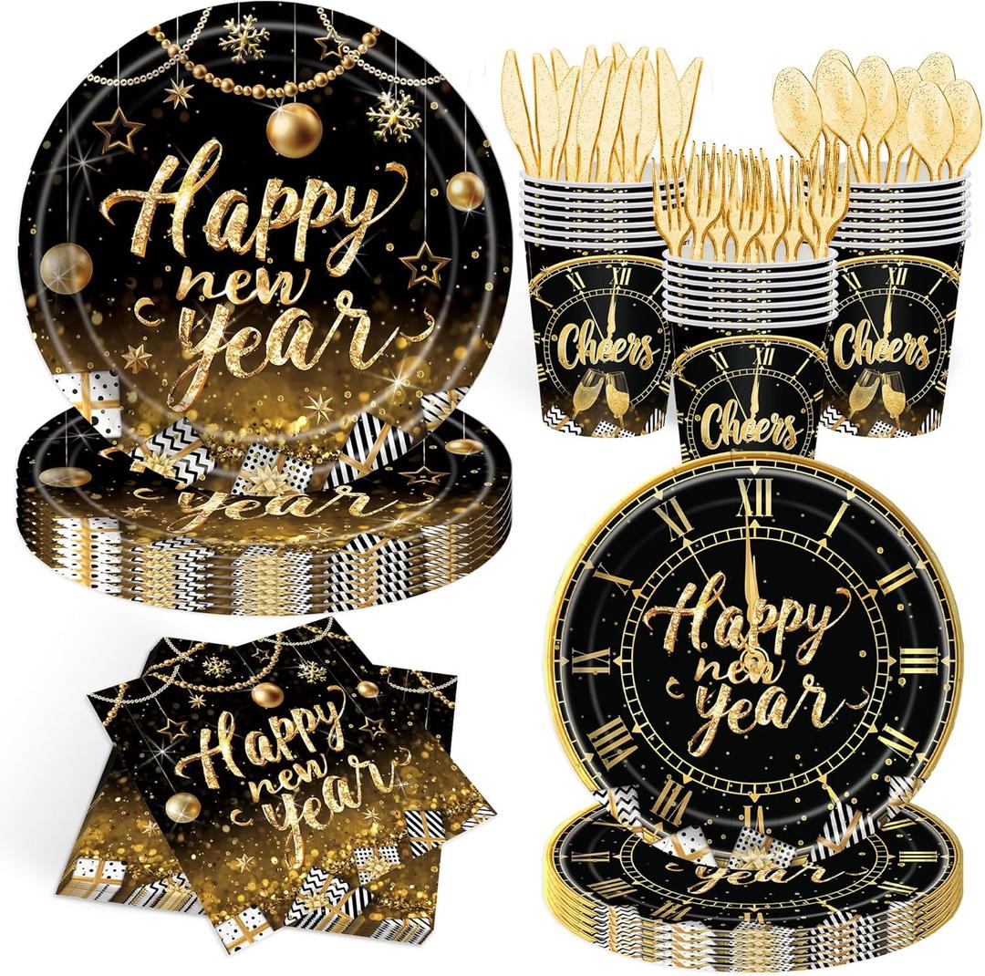 140pcs Happy New Year Party Supplies Black and Gold Tableware Set New Years Eve Paper Plates and Napkins New Year 2025 Party Decorations Dinnerware Holiday Party Celebration,Serve for 20 Guests