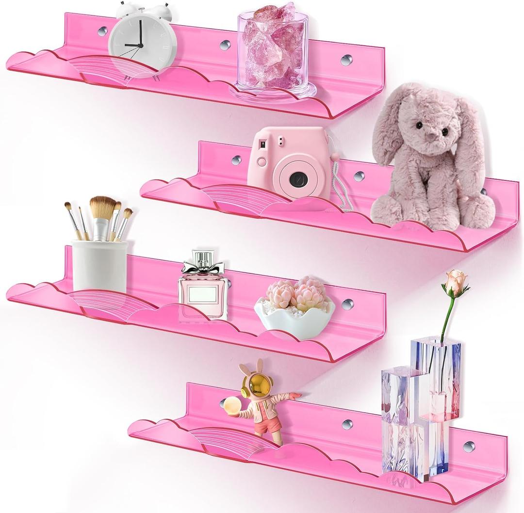 Rainbow Acrylic Floating Shelves, 15in Kids Wall Mounted Nursery Bookshelves, Display Ledge for Books Toys Cosmetic Storage, Bathroom Bedroom Living Room Wall Organizer, 4 Pack, Pink