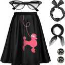 Hicarer 5 Pcs 50s Girl Costume 1950s Poodle Skirt Outfit Sock Hop Kid Scarf Eyeglasses Bandana Headband Earring Halloween (10-12 Years, Black)