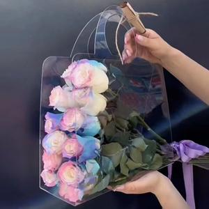 Clear Flower Bags with Handles for Bouquets Florist Shop Packaging Supplies 10 Pcs Valentine's Day 13.7 * 9.8 * 4.7 inches (B)