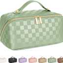 Large Capacity Travel Cosmetic Bag - Portable Makeup Bags for Women Waterproof PU Leather Checkered Makeup Organizer Bag with Dividers and Handle,Toiletry Bag for Cosmetics (Medium)