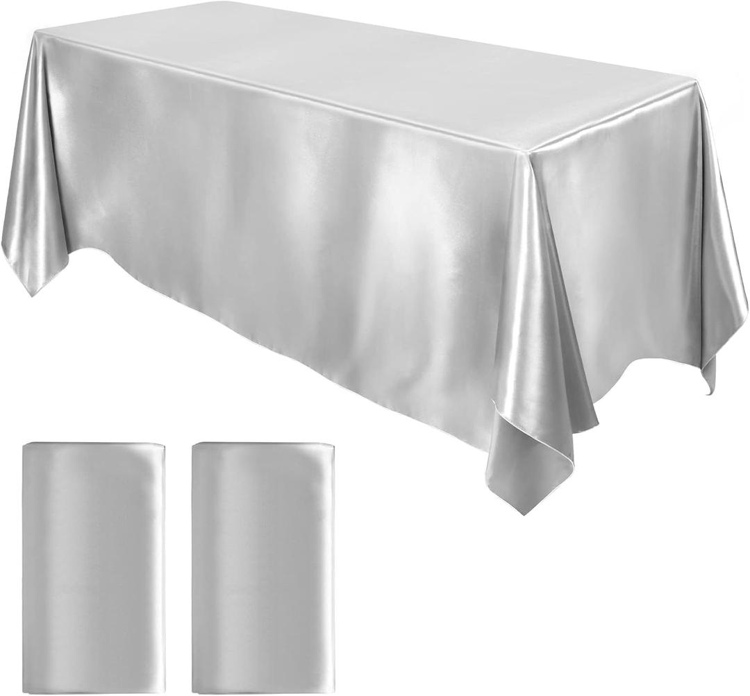MCEAST 2 Packs Satin Tablecloth 102 x 58 Inches Rectangular Table Overlay Cover Bright Silk Tablecloth Smooth Fabric Table Decor for Wedding Banquet Decoration (Silver)