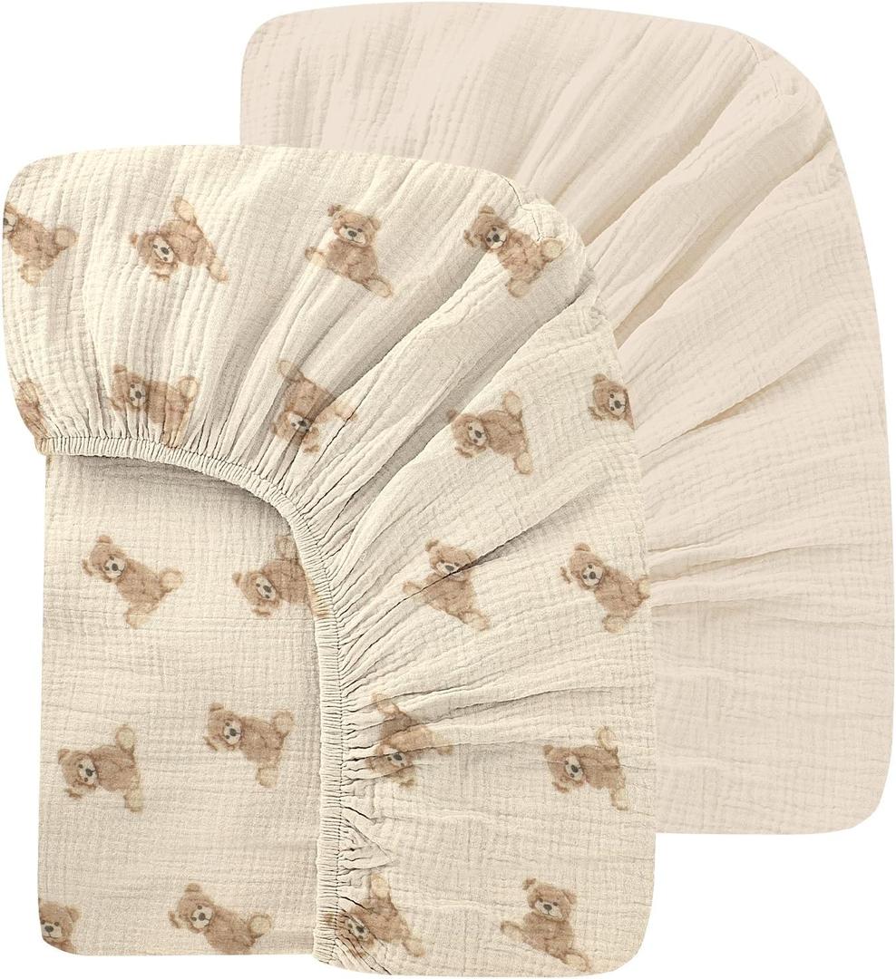 100% Organic Cotton 2 Pack 52x28 Inches Muslin Crib Sheets Fitted Crib Mattress Sheet for Baby Girls & Boys, Soft Boho Neutral Toddler Bed Sheets Fits Well Standard Size Crib Mattress 28x52 Inches (B - Teddy Bear & Oat)