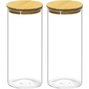 QWORK Glass Coffee Bean Container, 52.36 FL OZ (1550 ML) Clear Canister, 2 Pack Thickened Borosilicate Glass Food Storage Jar with Airtight Bamboo Lid for Coffee, Tea, Spices