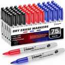 VEESA Dry Erase Markers (Black Red Blue), Fine Tip, 75 Count Low-Odor Whiteboard Marker Pens for Office School Home (Multicolor)