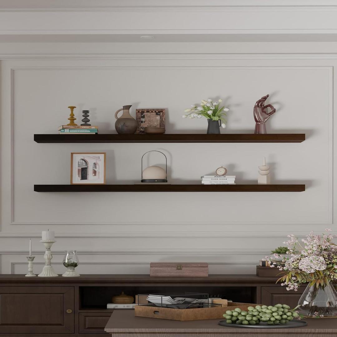 IEO Long Wooden Floating Shelves for Room Wall, Natural Wood Floating Shelves Wall Mounted Kitchen Shelf for Living Room, Bedroom, Kitchen,Bathroom, Storage (Walnut, 60in 2tier)