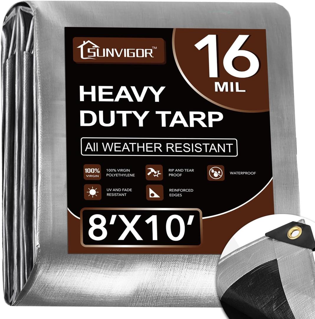 Tarp 8x10FT, Extra Thick 16Mil Heavy Duty Waterproof Tarps with Brass Grommets and Reinforced Edges, Tear & Fade Resistant, 100% UV Blocking Outdoor Tarp for Roof Camping Patio Pool Boat (Silver) (Sliver/Black 16mil)
