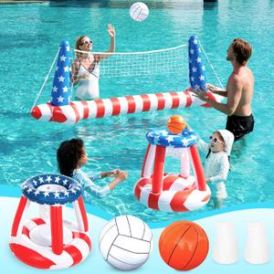 Inflatable Pool Floats Set American Flag Volleyball Net & Basketball Hoops, Swimming Pool Game Toy for Kids and Adults, Floating, Volleyball Court (105x28x38)|Basketball (27.6x23), Red White