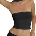 Women's Sexy Halter Tube Tank Crop Tops Strapless Slim Fitted Y2k Bandeau Top Off Shoulder Basic Cami Shirts (Large, Black)