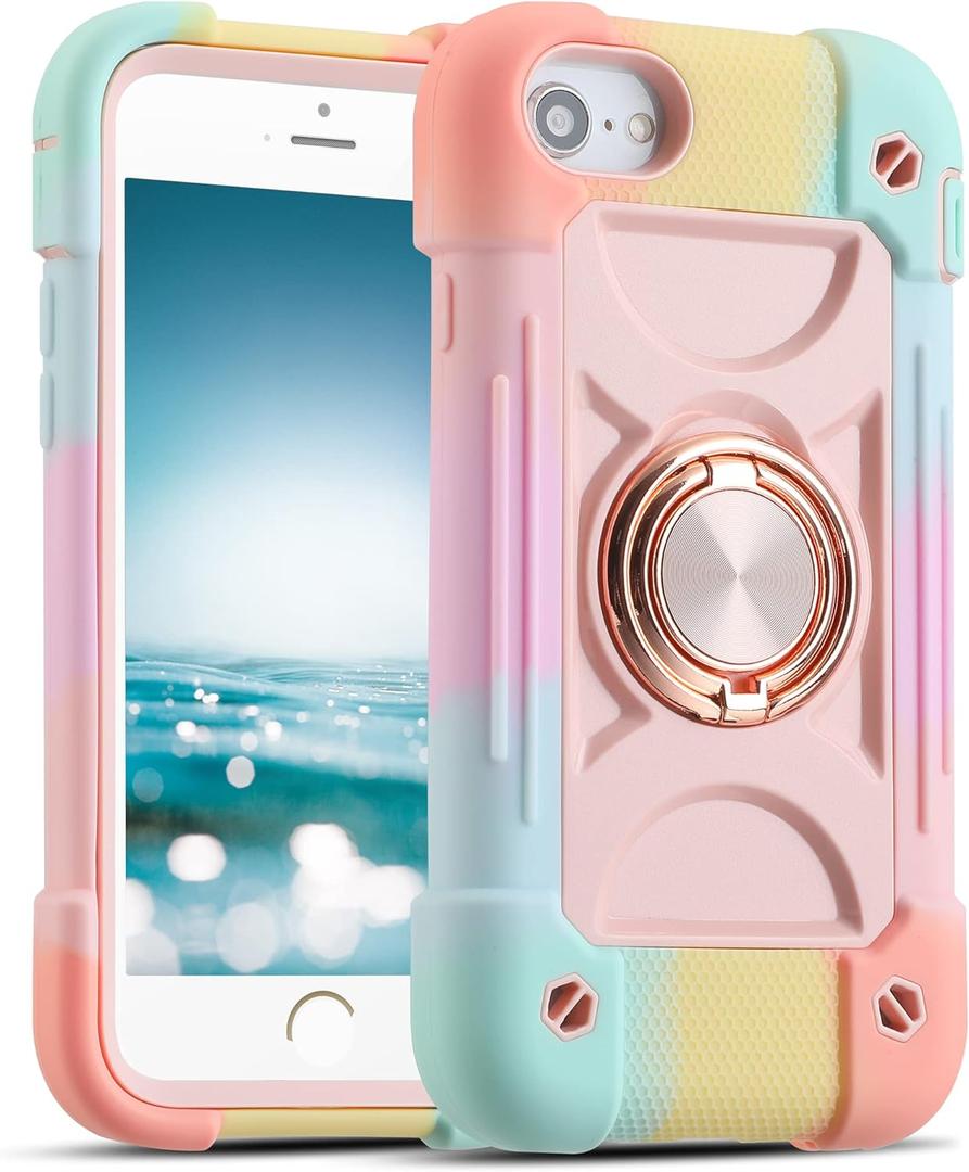 MARKILL Compatible with iPhone Se3/iPhone Se2,iPhone 6/6S Case,iPhone7/iPhone8 Case 4.7 Inch with Ring Stand, Heavy-Duty Military Grade Shockproof Phone Cover for Kids Girls. (Rainbow Pink)
