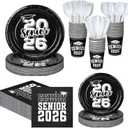 Yungyan 252 Pcs Senior 2026 Graduation Party Tableware Set Black and White Class of 2026 Grad Paper Plates Napkins Cups Forks Knives Cutlery for Graduate Party Decorations Supplies,Serve 36