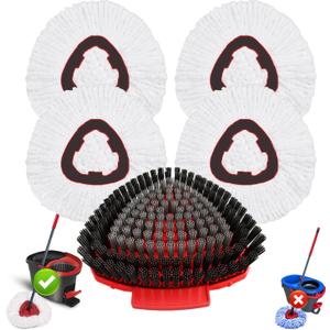 Fatmass 5 Pack Spin Mop Replacement for O Cedar EasyWring 1-Tank System,Include 4 Mop Replace Heads + 1 Upgrade Scrubber Brush, 100% Microfiber Mop Refills Deep Cleaning Machine Washable